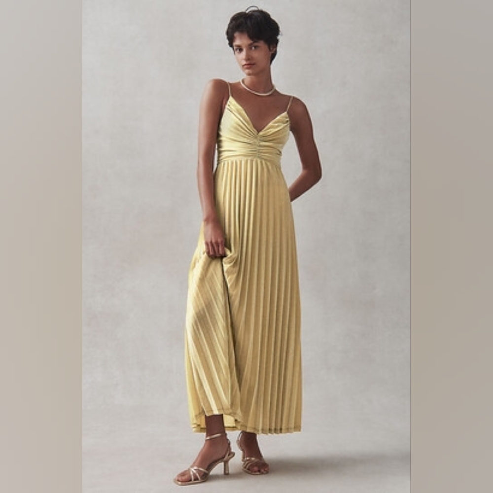 Helena Yellow Gold Shimmer Pleated Maxi Dress V-Neck
